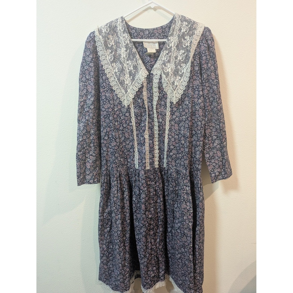 Vintage Gunne Sax Dress Womens 13 Blue Floral Lace Prairie Cottagecore Flawless
